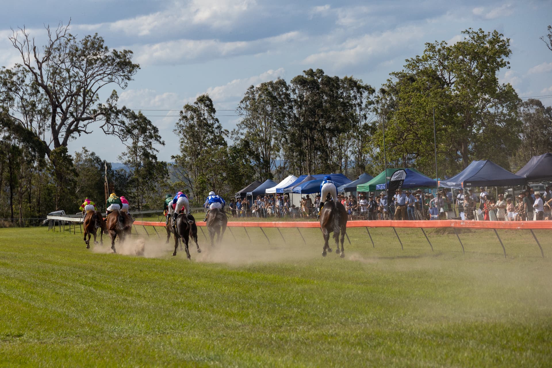 The field kicking up dust around the bend